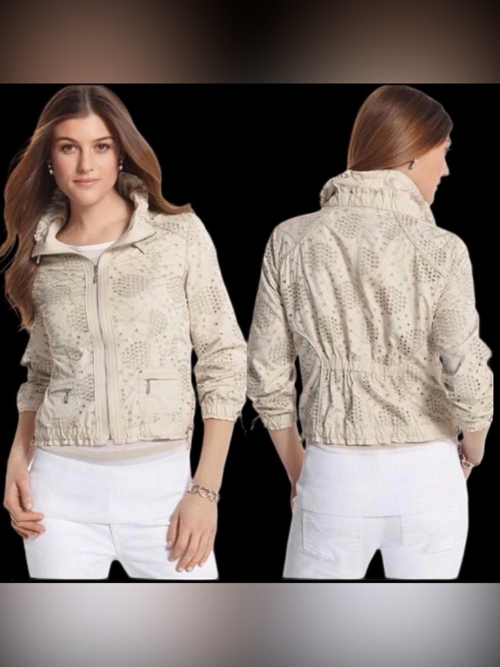 White House Black Market Cream Perforated Zip-Front Jacket